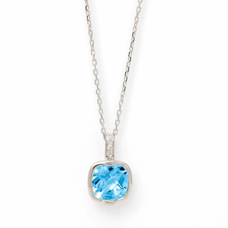 Women’s adjustable necklace-Faceted Blue Topaz and Diamond Pendant, Sterling Silver