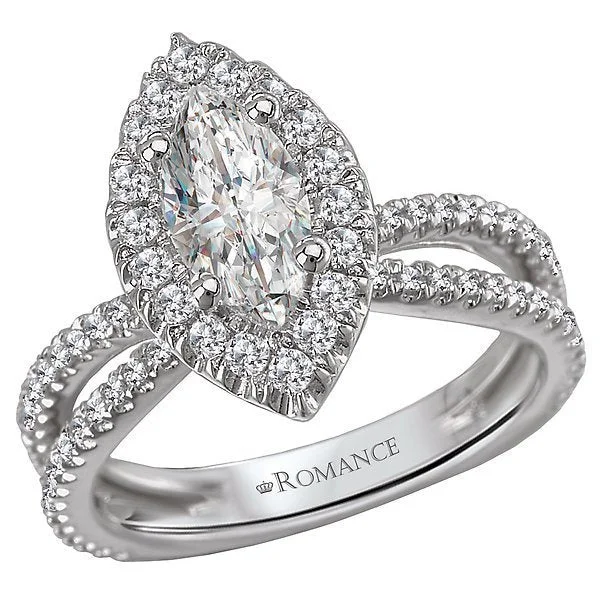 Women’s heart-shaped engagement ring-18KT WHITE GOLD 1/2 CTW DIAMOND MARQUISE HALO SPLIT SHANK SETTING FOR 1 CT