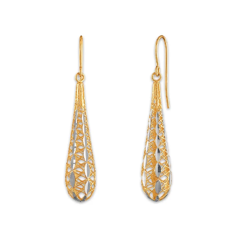 Women’s stylish earrings-14KT Yellow Gold With Rhodium Plating Teardrop Filigree Earrings