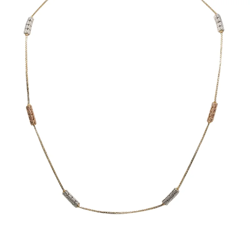 Women’s elegant gold necklace-22K Multi Tone Gold Chain W/ White & Rose Gold Detailed Pipe Beads, Size 18