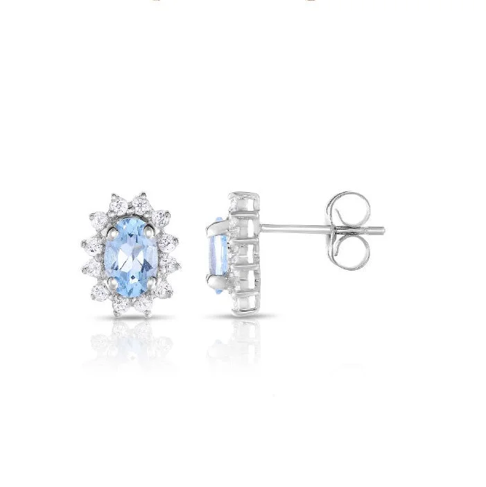 Women’s luxury stud earrings-6X4MM Oval Aquamarine and White Topaz Halo Earrings in 10KT White Gold