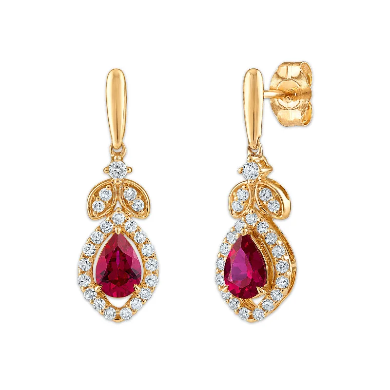 Women’s chandelier earrings-LoveSong EcoLove Pear Ruby and Lab Grown Diamond Drop & Dangle Earrings in 10KT Yellow Gold