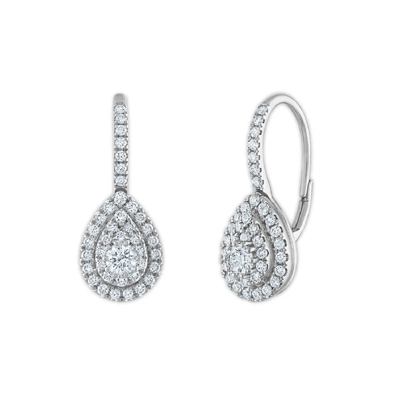 Women’s gemstone drop earrings-Signature EcoLove 1 CTW Lab Grown Diamond Cluster Halo Pear Shaped Earrings in 14KT White Gold