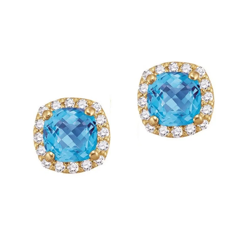 Women’s infinity earrings-5MM Cushion Blue Topaz and White Sapphire Birthstone Halo Stud Earrings in 10KT Yellow Gold