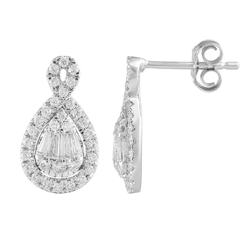 Women’s bridal diamond earrings-LADIES EARRINGS 0.75CT ROUND/BAGUETTE DIAMOND 14K WHITE GOLD