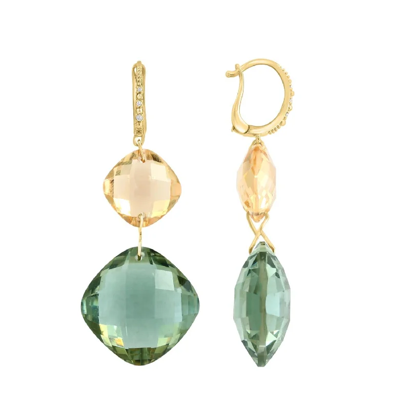 Women’s long drop earrings-EFFY 18MM Cushion Green Amethyst, Cushion Citrine and Diamond Accent Fashion Drop & Dangle Earrings in 14KT Yellow Gold