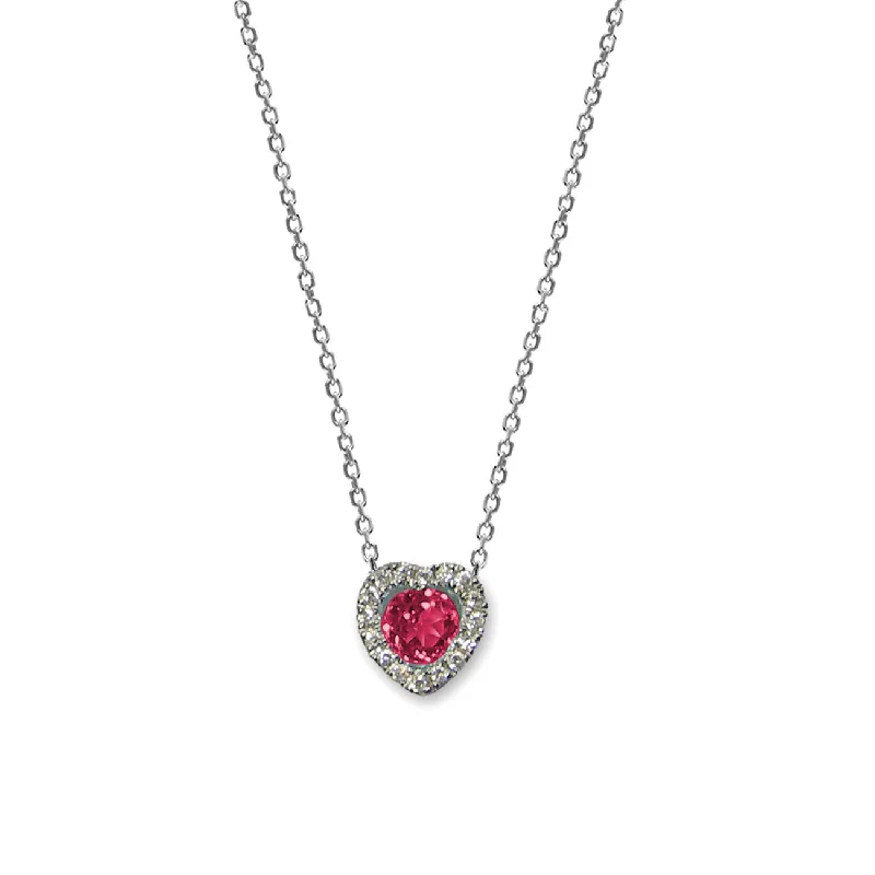 Women’s luxury diamond necklace-Ruby and Diamond Heart Halo Pendant, 14K White Gold