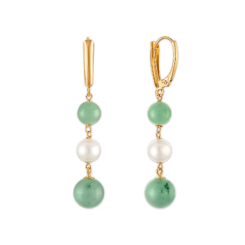 Women’s rose gold earrings-Jade and Fresh Water Pearl Earrings in 14KT Yellow Gold