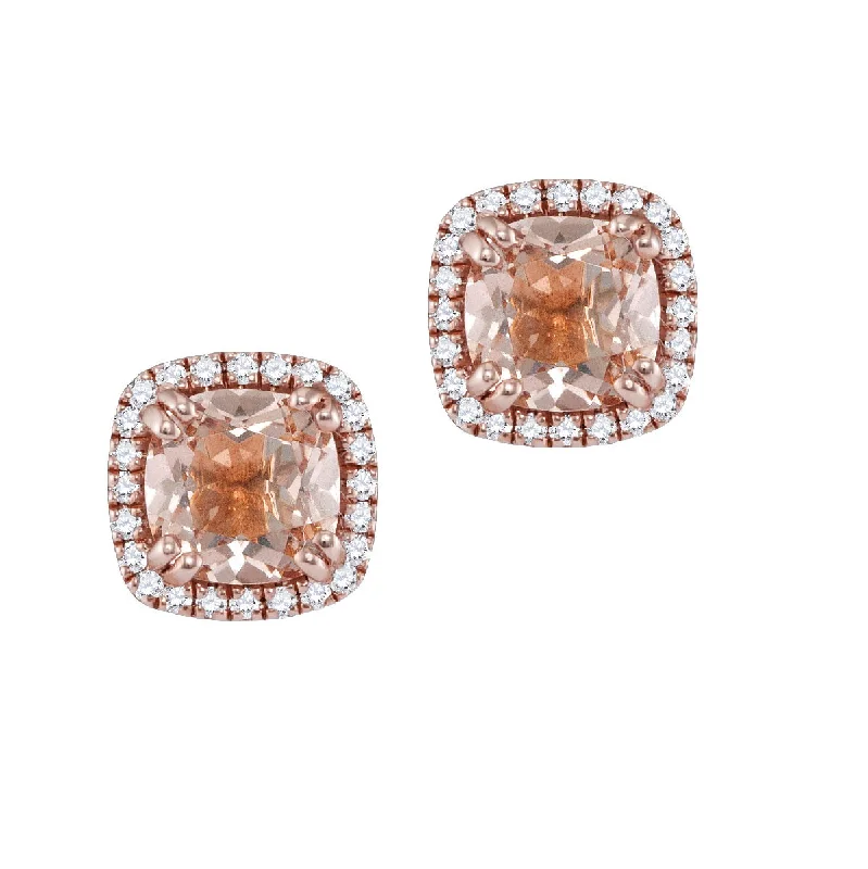 Women’s artistic earrings-6MM Cushion Morganite and Diamond Halo Stud Earrings in 14KT Rose Gold