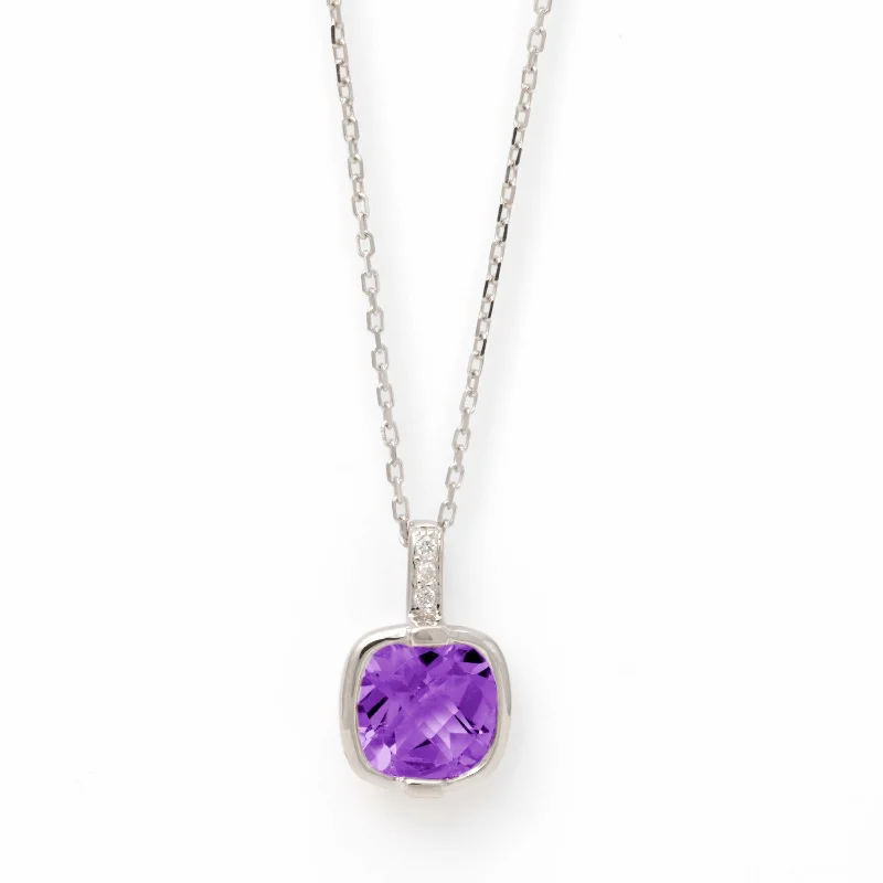 Women’s fine necklace-Amethyst and Diamond Pendant, Sterling Silver