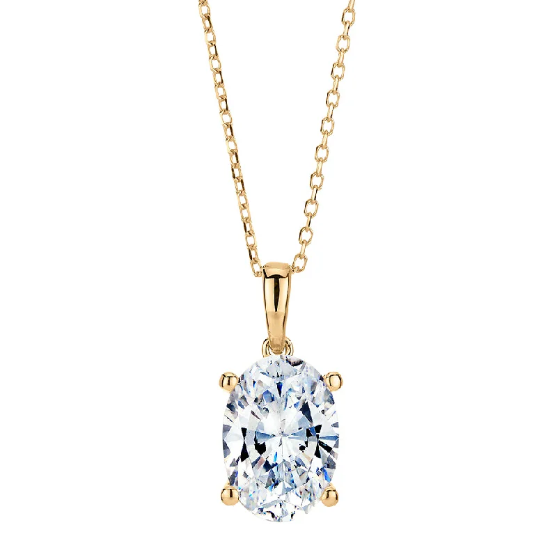 Women’s long necklace-Oval solitaire pendant with 1.86 carats* diamond simulants in 10 carat yellow gold