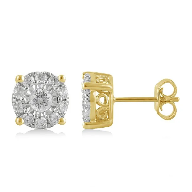 Women’s statement hoop earrings-1 CTW Diamond Cluster Stud Earrings in 10KT Yellow Gold