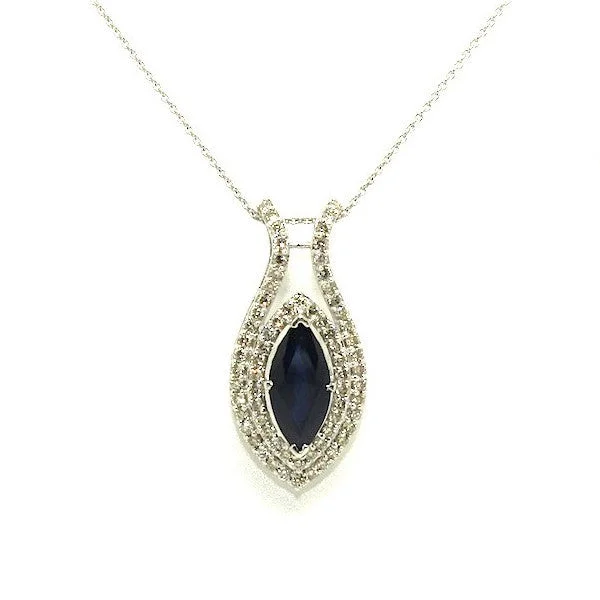 Women’s two-tone necklace-Marquee Blue Sapphire & Diamonds Pendant - Double Cluster - AD No. 1015