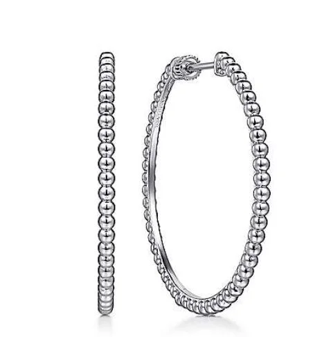 Women’s statement hoop earrings-925 Sterling Silver 40MM Beaded Hoop Earrings