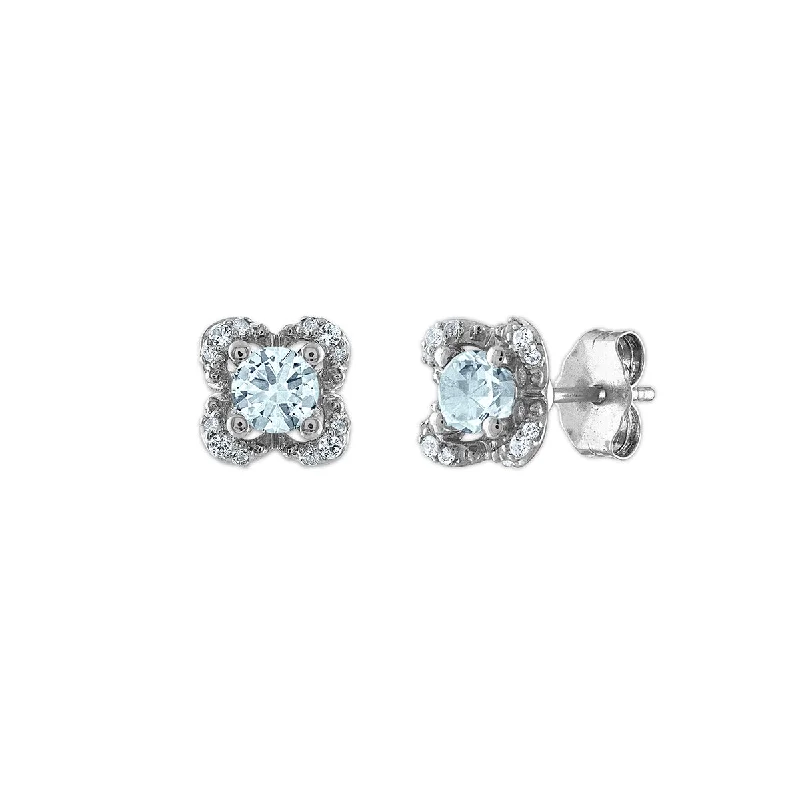 Women’s fashion stud earrings-4MM Round Aquamarine and White Sapphire Birthstone Flower Halo Earrings in Sterling Silver