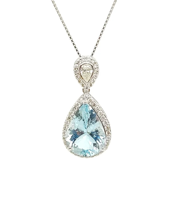 Women’s unique necklace-Aquamarine and Diamond Halo Drop Pendant in 14k White Gold( AD NO. 2904)