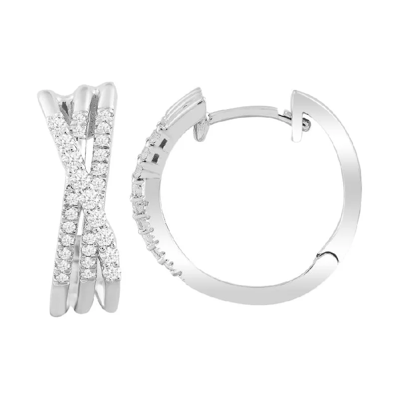 Women’s yellow gold earrings-LADIES HOOP EARRINGS 0.25CT ROUND DIAMOND 10K WHITE GOLD