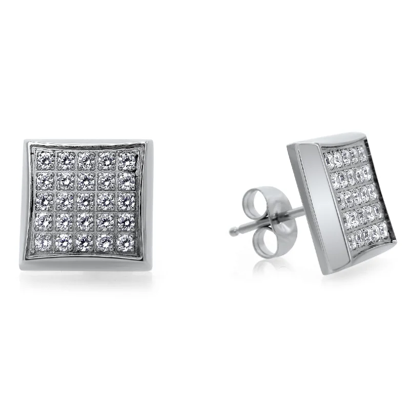 Women’s oval stud earrings-Stainless Steel Square Stud Earrings with 1/4 CTW Pave Diamonds