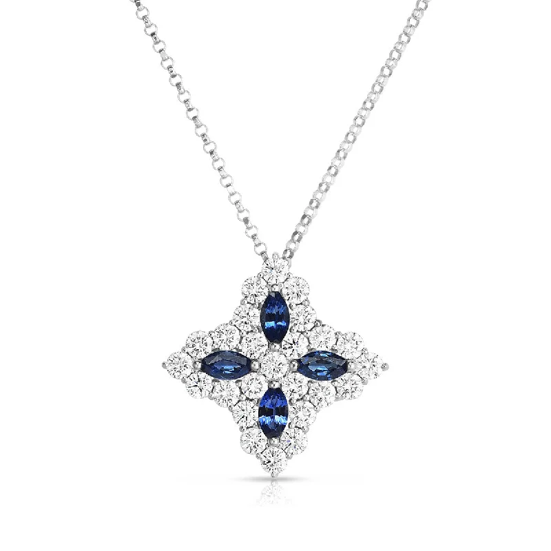 Women’s classic pearl necklace-Diamond and Sapphire Large Flower Pendant on Chain