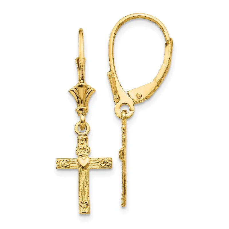 Women’s yellow gold earrings-14KT Yellow Gold 31X9MM Cross Heart Leverback Earrings