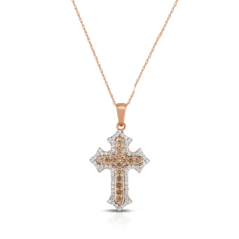 Women’s vintage-inspired necklace-Fancy Brown Diamond Cross Pendant, 14K Rose Gold