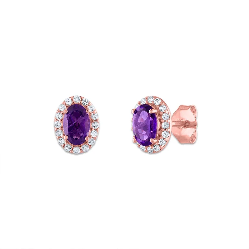 Women’s silver hoop earrings-6X4MM Oval Amethyst and Sapphire Birthstone Halo Stud Earrings in 10KT Rose Gold