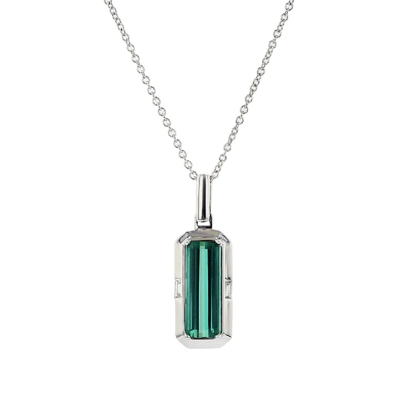 Women’s silver necklace-Green Tourmaline 14k White Gold Pendant with Diamonds