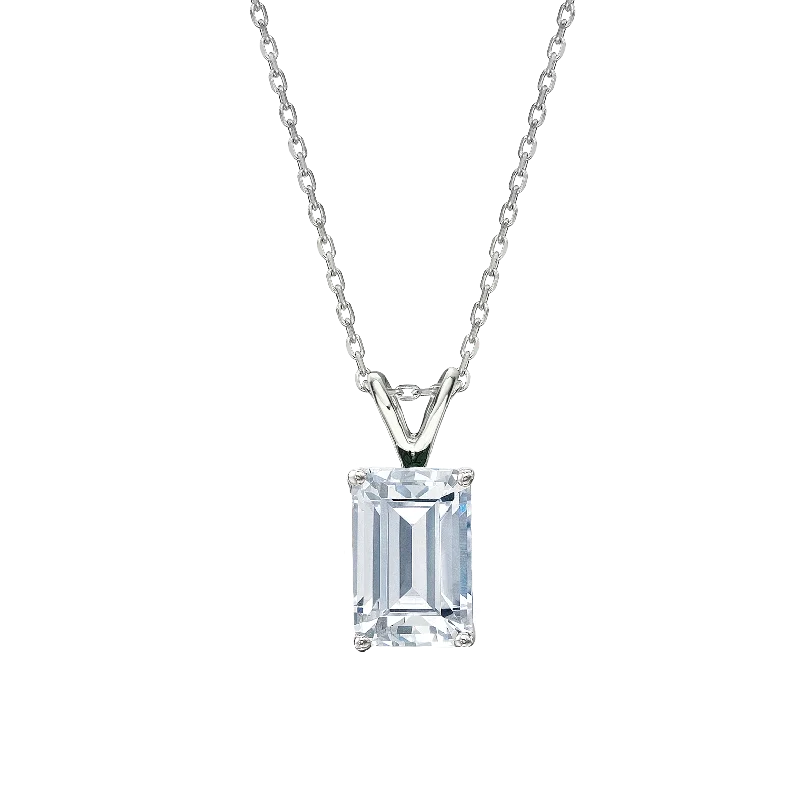 Women’s spiral necklace-Emerald Cut solitaire pendant with 3 carat* diamond simulant in 10 carat white gold