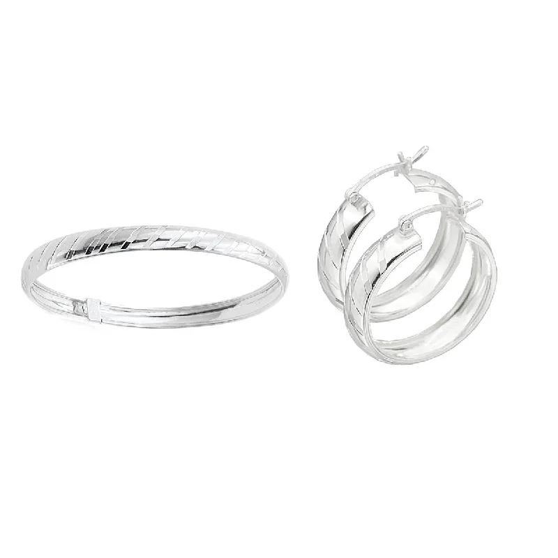 Women’s white gold earrings-Sterling Silver Flex Bangle and 6X25MM Hoop Earrings Set