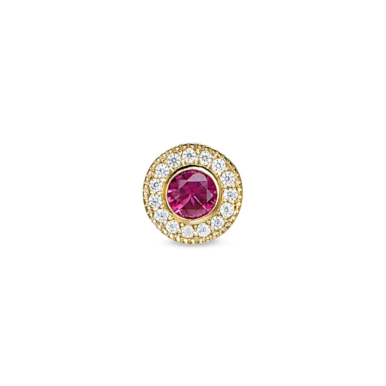 Women’s halo diamond ring engagement-Gold Finish Sterling Silver Micropave Round Simulated Ruby Charm with Simulated Diamonds