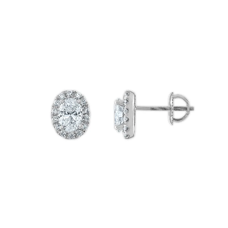 Women’s gemstone drop earrings-Signature EcoLove 1 1/4 CTW Lab Grown Diamond Halo Stud Oval Shaped Earrings in 14KT White Gold