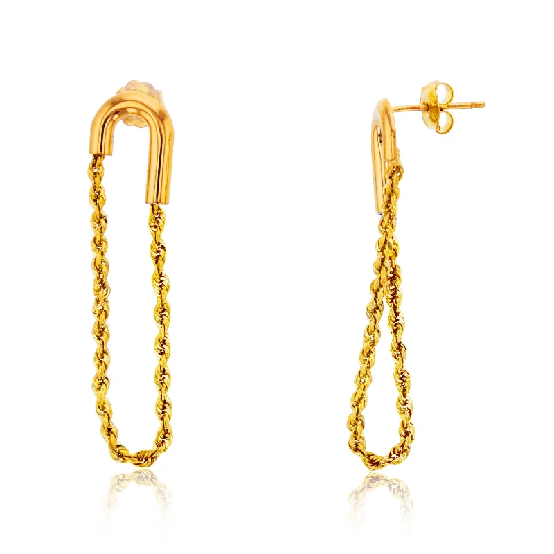 Women’s classy earrings-14KT Yellow Gold 9X40MM Twisted Rope Dangle Earrings