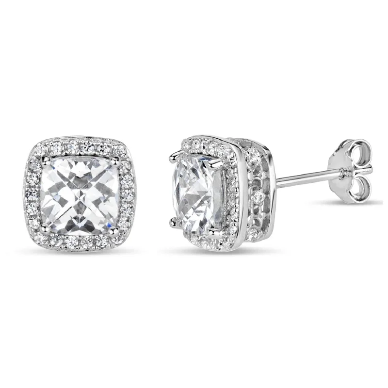 Women’s luxurious earrings-Sterling Silver 6MM Cushion Cubic Zirconia Halo Stud Earrings