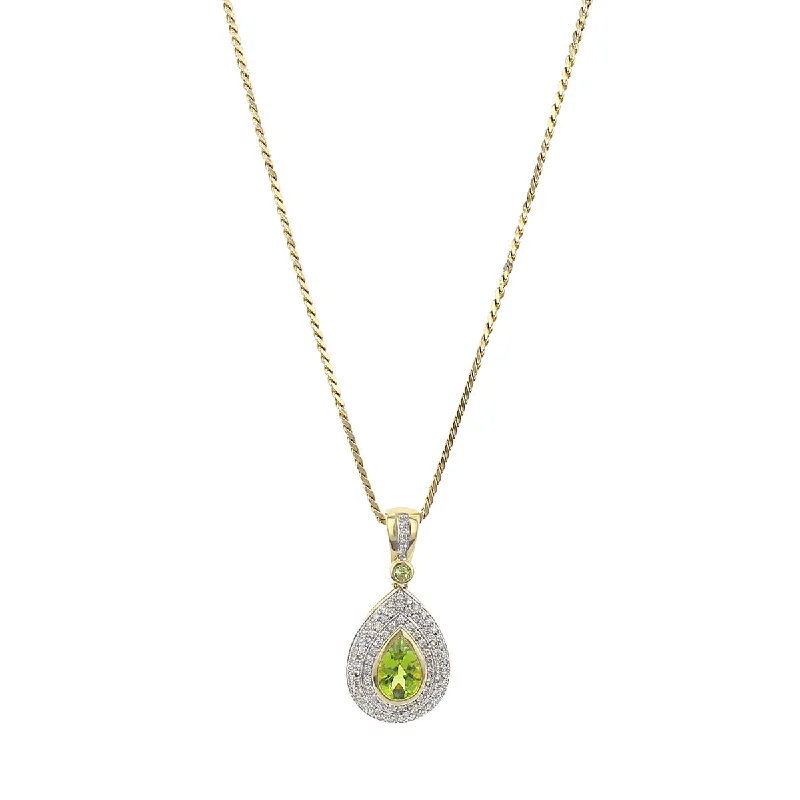 Women’s adjustable necklace-14K Gold Pear Shape Peridot and Diamond Halo Pendant