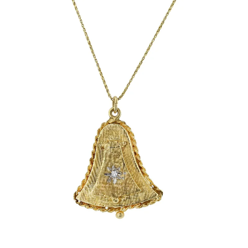 Women’s birthstone necklace-14K Yellow Gold Bell Locket Pendant with Diamond