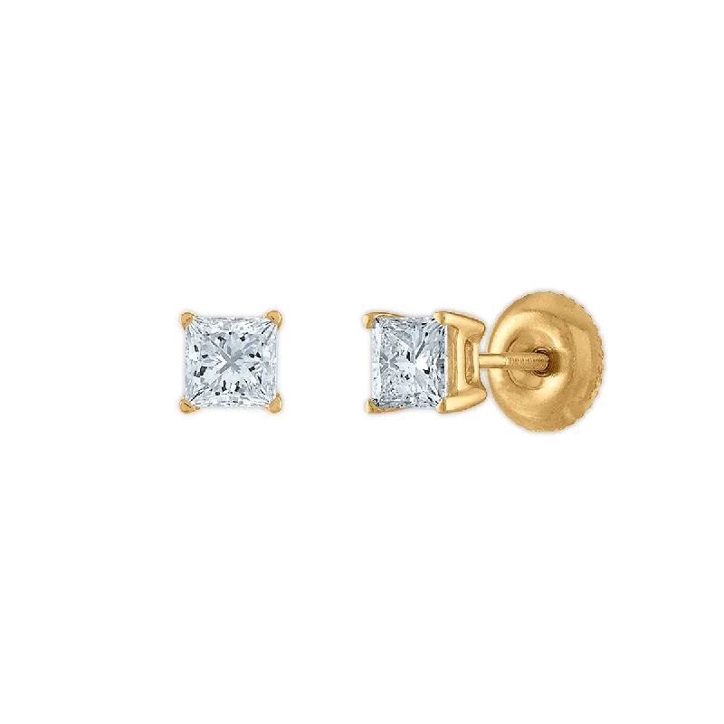 Women’s wedding earrings-Signature Certificate EcoLove 3/4 CTW Princess Cut Lab Grown Diamond Solitaire Stud Earrings in 14KT Yellow Gold