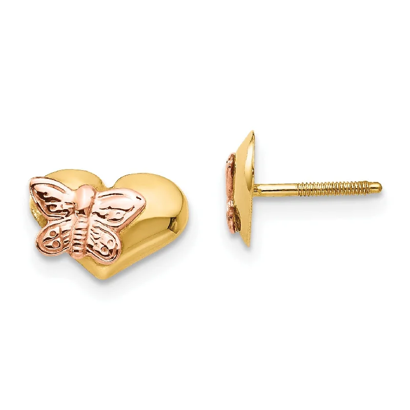 Women’s teardrop earrings-14KT Yellow and Rose Gold 8X9MM Butterfly Heart Stud Earrings