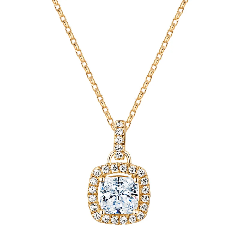 Women’s sterling silver necklace-Halo pendant with 1.85 carats* of diamond simulants in 10 carat yellow gold