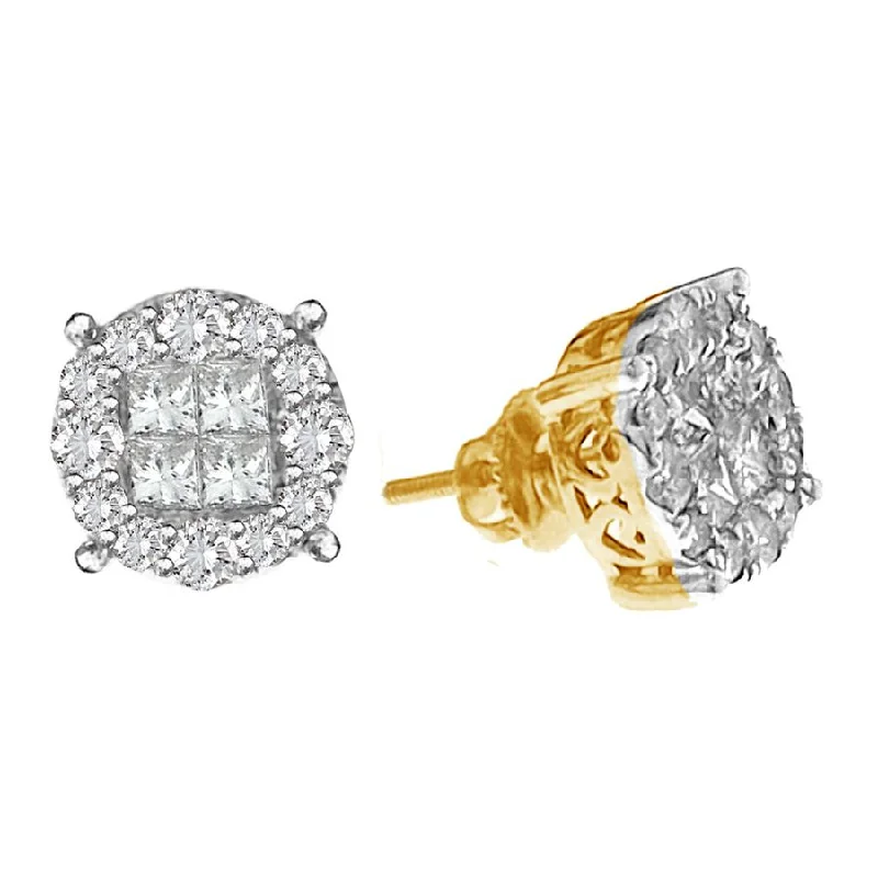 Women’s chic earrings-LADIES STUD EARRINGS 2.00CT ROUND/PRINCESS DIAMOND 14K YELLOW GOLD