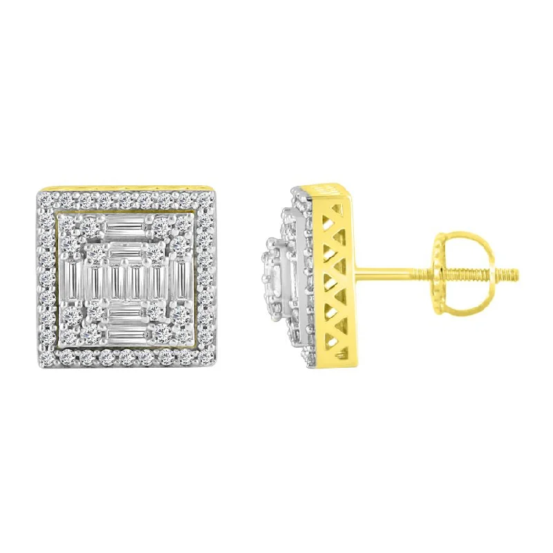 Women’s vintage-inspired earrings-LADIES STUD EARRINGS 1.00CT ROUND/BAGUETTE DIAMOND 10K YELLOW GOLD