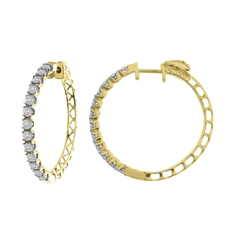 Women’s small earrings-LADIES HOOP EARRINGS 1.00CT ROUND DIAMOND 10K YELLOW GOLD