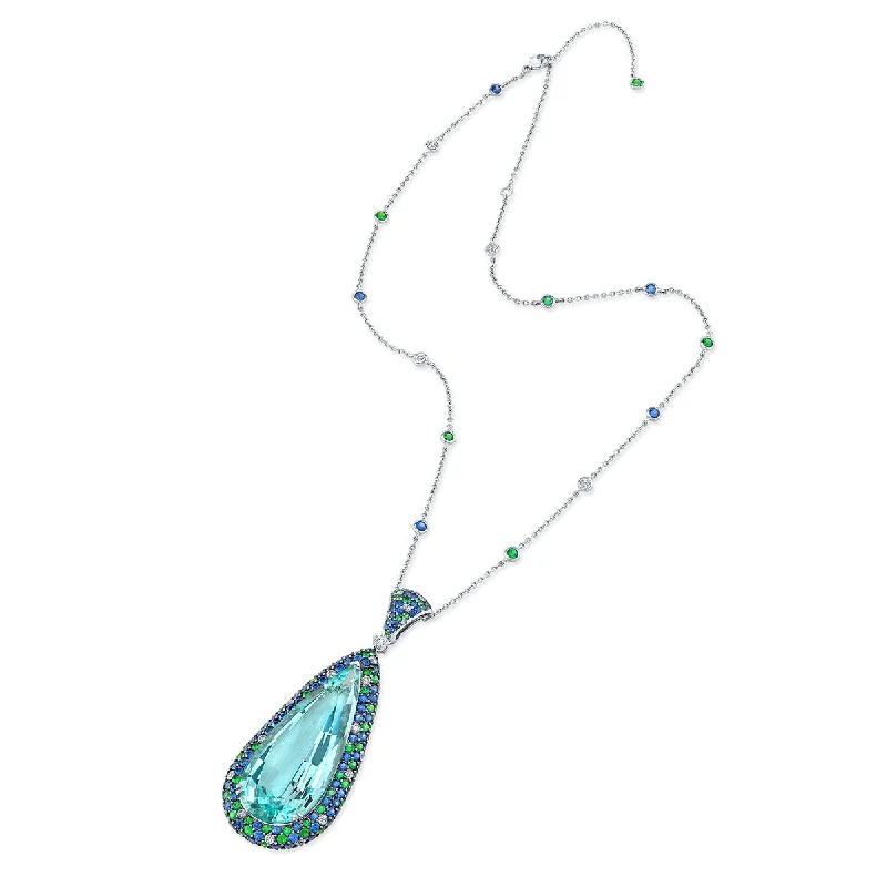 Women’s locket necklace-Aquamarine, Sapphire, Tsavorite and Diamond Pendant