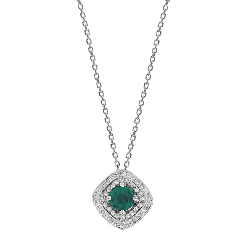 Women’s gold chain pendant necklace-Fine Emerald and Diamond Halo Pendant, 18K White Gold