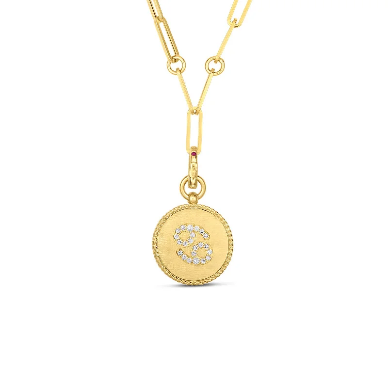 Women’s large pendant necklace-18k Diamond Cancer Zodiac Medallion Pendant with Coin Edge on Paper Clip Chain