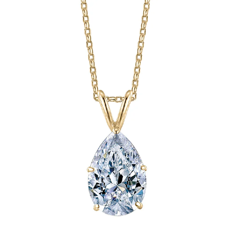 Women’s ribbon necklace-Pear solitaire pendant with 3 carat* diamond simulant in 10 carat yellow gold