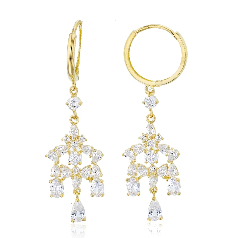 Women’s long earrings-14KT Yellow Gold Cubic Zirconia Huggie Chandelier Earrings