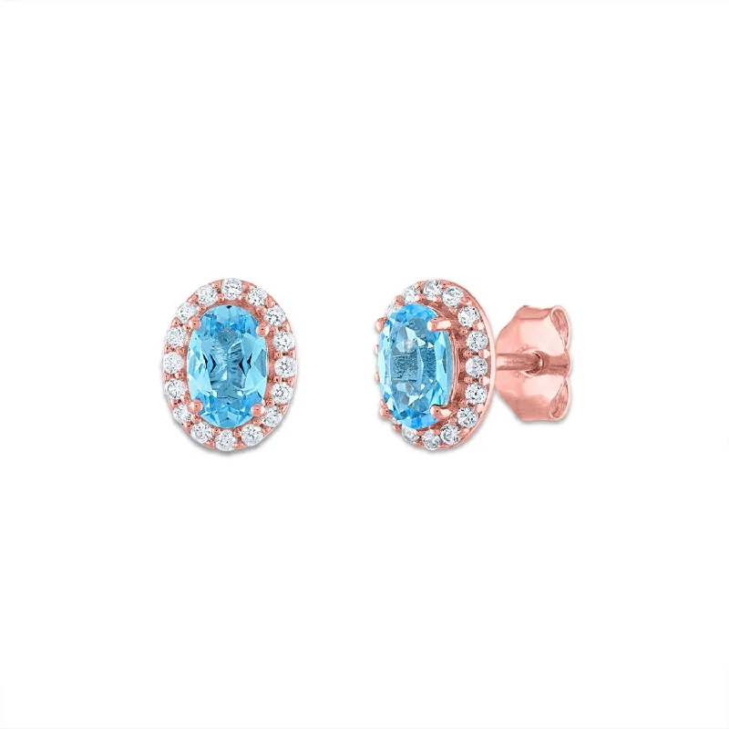 Women’s modern earrings-6X4MM Oval Swiss Blue Topaz and Sapphire Birthstone Halo Stud Earrings in 10KT Rose Gold