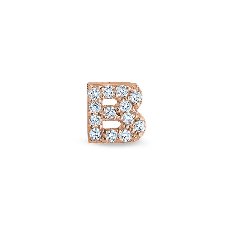 Women’s bridal set engagement ring-Rose Gold Finish Sterling Silver Micropave B Initial Charm with Simulated Diamonds