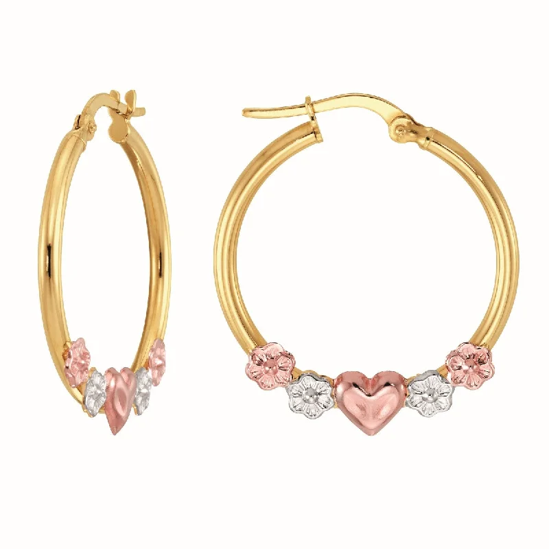 Women’s rose gold earrings-10KT Tri-Color Gold Heart Flower Hoop Earrings