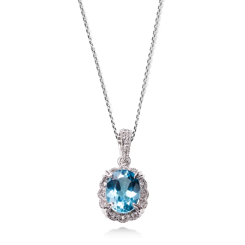 Women’s casual necklace-Blue Topaz and Diamond Pendant, 14K White Gold